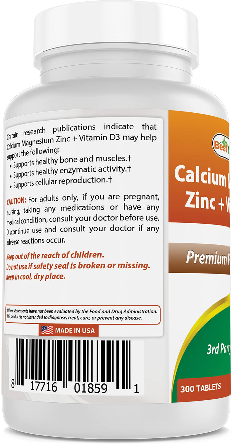 Best Naturals Calcium Magnesium Zinc with Vitamin D3, 300 Tablets - Calcium 1000 mg, Magnesium 400 mg, Zinc 25 mg & D3 600 IU per Serving (3 Tablets) - BeesActive Australia