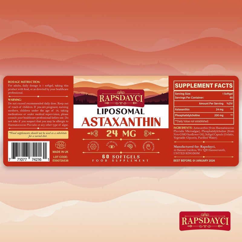 Liposomal Astaxanthin Supplement 24mg Per Serving, Powerful Antioxidant Formula Than VIT C, Eye & Immune Health Support, Superior Absorption (60 Count (Pack of 1)) 60 Count (Pack of 1) - BeesActive Australia