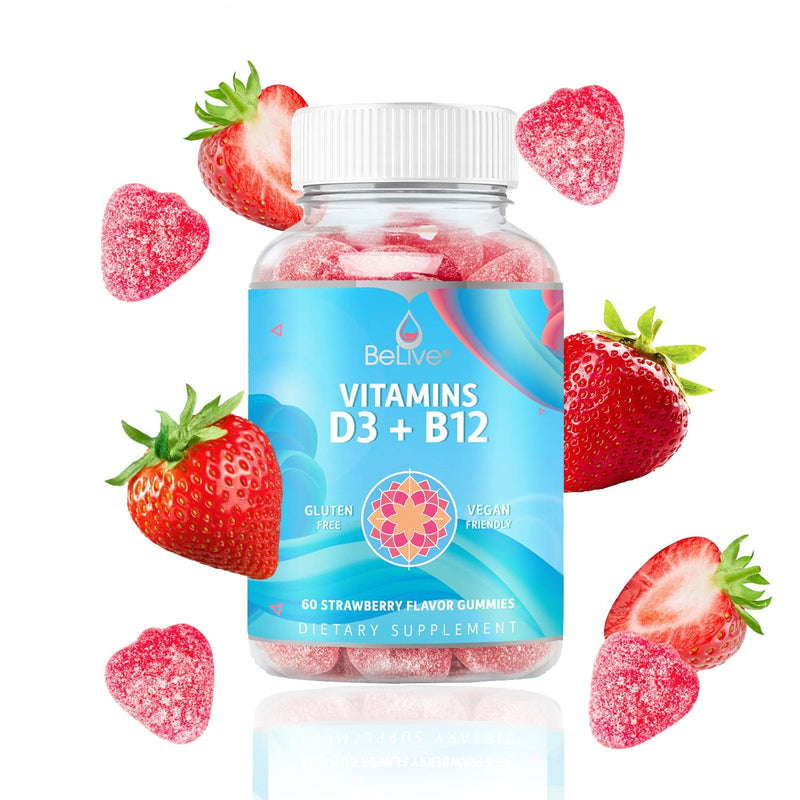 BeLive Vitamin D3 Gummies with B12 Vitamins - 60 Ct I Vega Immune Support Gummies with Vitamin B12 & D3, Provides Enhanced Bone & Muscle Strength, Hearth Health and Energy - Strawberry Flavour - BeesActive Australia