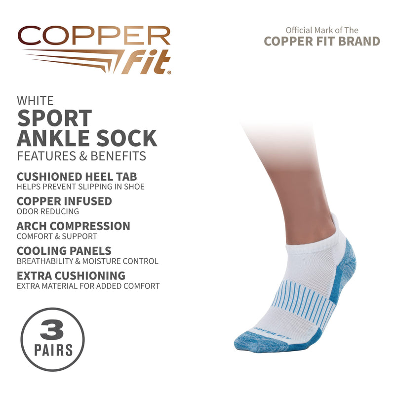 Copper Fit Ankle Length Sport Socks, 3 Pair Large-X-Large White - BeesActive Australia