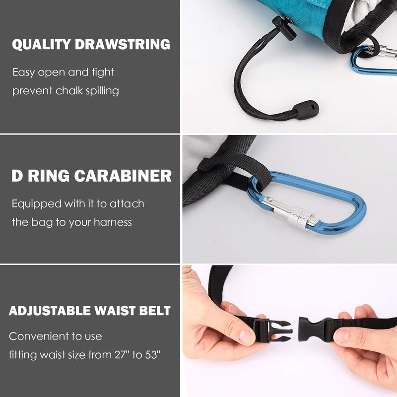 Rhino Valley Climbing Chalk Bag, No Leak Drawstring Closure Bag with Adjustable Belt, Carabiner Clip and Zippered Pockets for Climbing, Gymnastics, Cross Fit, Weight Lifting & More Light Blue - BeesActive Australia