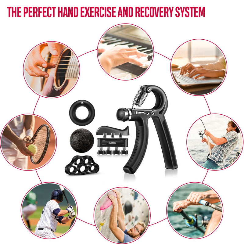 FitBeast Hand Grip Strengthener Workout Kit (5 Pack) Forearm Grip Adjustable Resistance Hand Gripper, Finger Exerciser, Finger Stretcher, Grip Ring & Stress Relief Grip Ball for Athletes Black - BeesActive Australia
