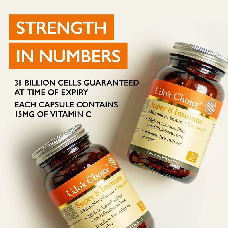 Udo's Choice Super 8 Immune - Hi Count Microbiotics with Vitamin C - Supports Bowels and Digestive Health, One a Day Probiotics, 42 Billion Cell Count -8 Microbiotic Strains - 30 Capsules 30 Count (Pack of 1) - BeesActive Australia