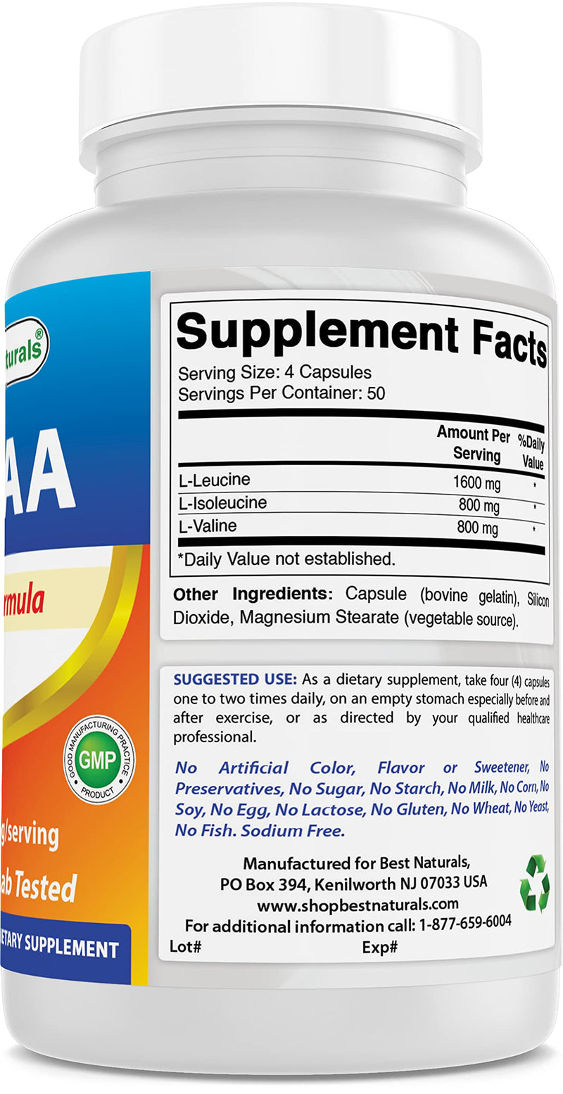 Best Naturals BCAA Branch Chain Amino Acid, 3200mg per serving, 200 Capsules - Pharmaceutical Grade - 100% Pure Instantized Formula | Pre/Post Workout Bodybuilding Supplement | Boost Muscle Growth - BeesActive Australia