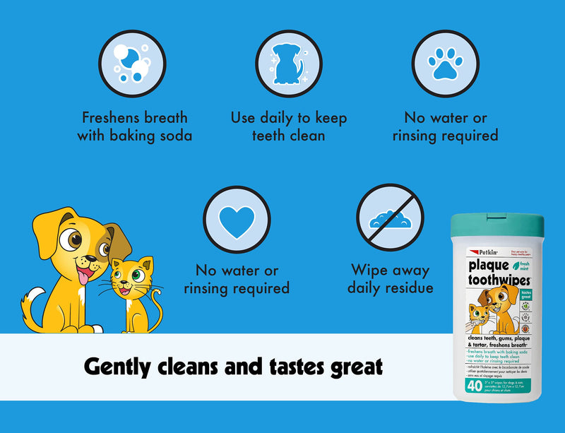 Petkin Plaque Toothwipes, Fresh Mint Wipes - Natural Formula Cleans Teeth, Gums & Freshens Breath - Convenient, & Easy to Use Oral Care Dental Pet Wipes for Dogs, Cats, Puppies & Kittens 2 Pack - 80 Wipes - BeesActive Australia