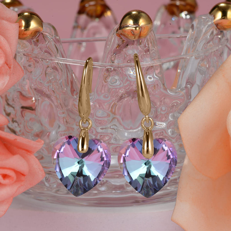 Love Heart Austrian Crystal Earring For Women,14K Gold Plated Hypoallergenic Drop Earrings For Sensitive Ears 1-Gold-Purple - BeesActive Australia
