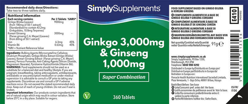 Ginseng & Ginkgo Biloba Tablets | Ultra High Strength Formula | Vegan & Vegetarian Friendly | Popular Supplement for Supporting Vitality and Mental Performance | 360 Tablets | Manufactured in The UK - BeesActive Australia