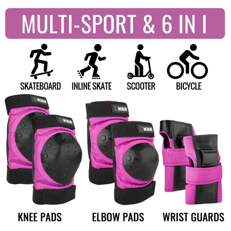 NHH Skateboard Knee Pads Set - 6 In 1 Protective Gear Set Knee Pads Elbow Pads and Wrist Guards for Kids Youth Adults Men and Women (Pink, Medium) Pink - BeesActive Australia