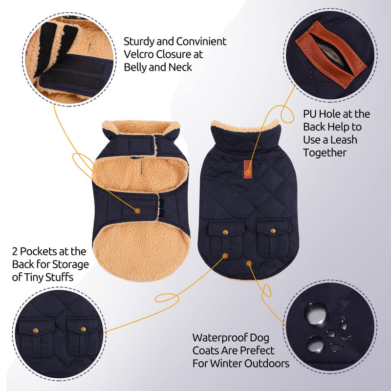 Queenmore Cold Weather Dog Coat, Winter Quilting Dog Jacket Ultra Warm Thick Plush Lining with Storage Pockets Small Dark Navy - BeesActive Australia