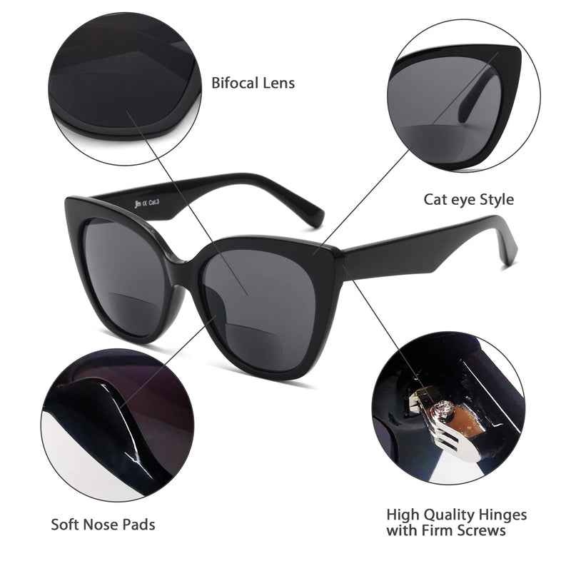 JM Classic Bifocal Reading Glasses Oversized Cateye Stylish Sunglasses Readers for Women Black 1.0 x - BeesActive Australia