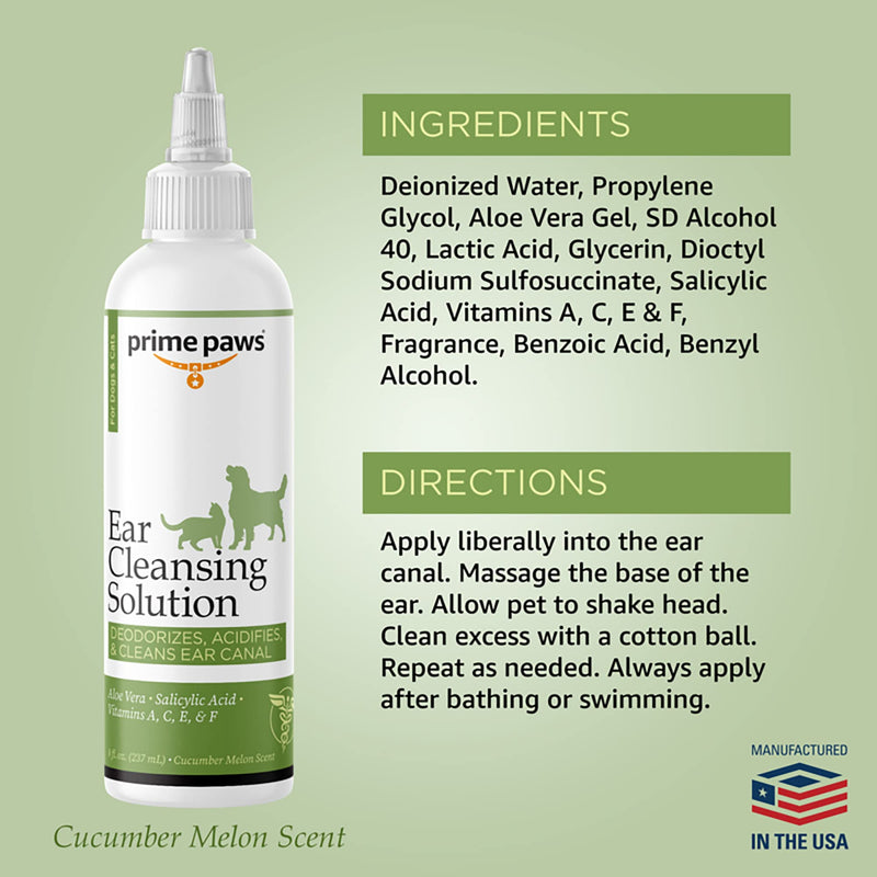 Prime Paws Cat & Dog Ear Cleaning Solution - Otic Ear Solution for Dogs - Liquid Flush for Soothing Itchy Ears & Effective Otic Care - Cucumber Melon Scent - 8 oz - BeesActive Australia