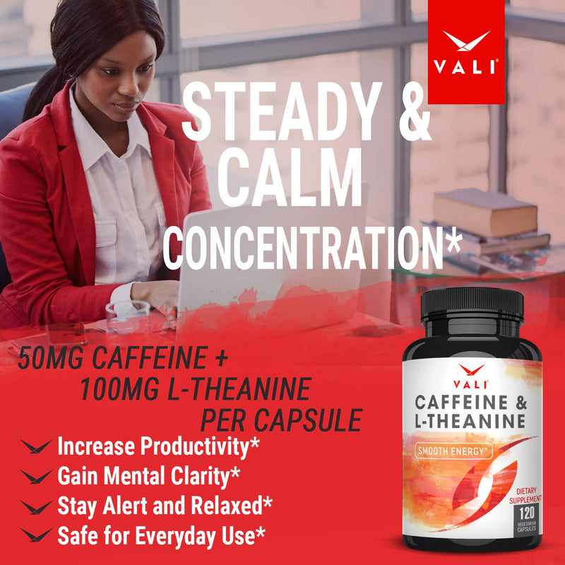 VALI Caffeine 50mg & L Theanine 100mg - Caffeine Pills & L-Theanine for Smart Smooth Energy & Focus Supplement. Nootropic Brain Booster Cognitive Support Stack & Focused Clarity. 120 Veggie Capsules - BeesActive Australia