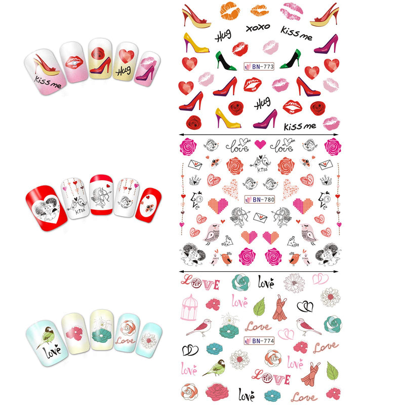 Valentine Nail Art Stickers Water Transfer Nail Decals Sexy Lips Love Lipstick Heart Rose Design Nail Sticker Manicure Tips Accessories Romantic Valentine's Day Nail Art Decorations (12 Sheets) C - BeesActive Australia