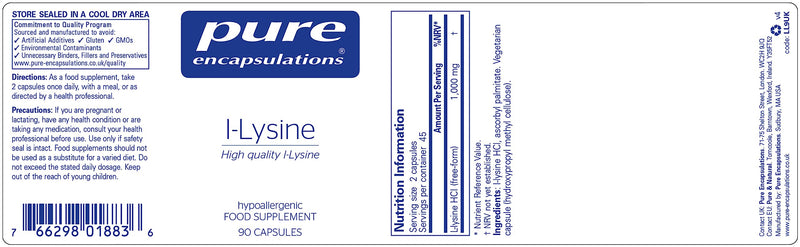 Pure Encapsulations - L-Lysine 500mg - Hypoallergenic Essential Amino Acid Supplement - 90 Vegetarian Capsules 90 Count (Pack of 1) - BeesActive Australia