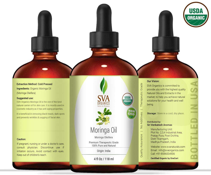 SVA Organics Moringa Oil 4 Oz Organic 100% Pure & Natural Carrier Oil Authentic & Premium Therapeutic Grade Oil for Skin Care, Hair Care, Aromatherapy & Masssage - BeesActive Australia