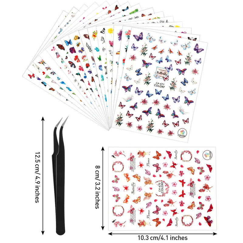 30 Sheet Butterfly Nail Art Stickers 3D Colorful Butterfly Nail Stickers Adhesive Butterfly Manicure Stickers Nail Decals with Tweezer for Nail Art Decorations - BeesActive Australia