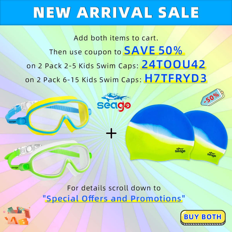 [AUSTRALIA] - Seago Kids Swimming Goggles 2 Pack Updated No Leaking Anti-Fog Wide Lenses Fitting Swim Goggles UV Protection Crystal Clear Watertight Suitable for Kids Teens Children Youth Boys Girls Age 4 to 15 Blue & Green 