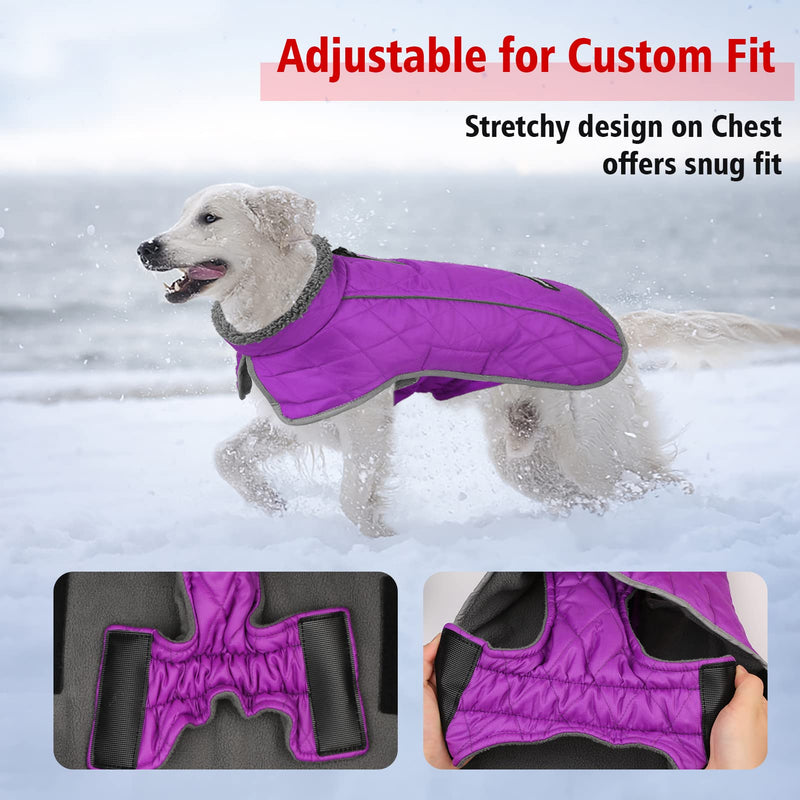 Fragralley Dog Winter Coat Jacket - Reflective Adjustable Windproof Dog Turtleneck Clothes, Doggie Cold Weather Vest, Warm Fleece Lining Puppy Snow Coat for Small Medium Large Dogs Purple - BeesActive Australia
