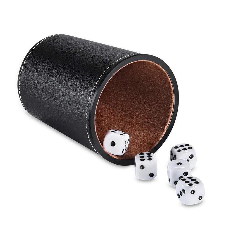Party Games Leather Dice Cup Set, 5 Black Leather Dice Cups + 25 Dice + Exclusive Storage and Transport Case Made of Faux Leather with Magnetic Closure - BeesActive Australia