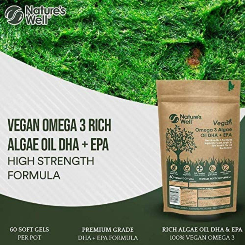 Vegan Omega 3 Algae Oil DHA + EPA, High Concentrate, 60 Vegetarian Capsules, from Sustainable Plant Based Alternative to Fish Oils, Halal & Kosher � Made in The UK by Nature�s Well (Pouch) - BeesActive Australia