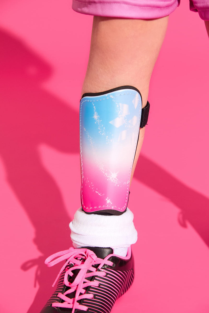 RIP-IT Girls Cut Pink & Blue Sparkle Slip-in Soccer Shin Guards - Medium/Large - Includes Hook-and-Loop Straps and Moisture Management Lined Padding - BeesActive Australia