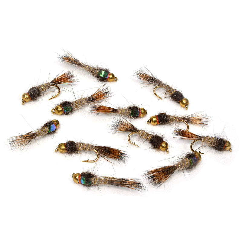 1 Doz - Bead Head Gold Ribbed Hares Ear Flash Back Mayfly Nymph Flies - Mustad Signature Fly Hook Hook #16 - BeesActive Australia