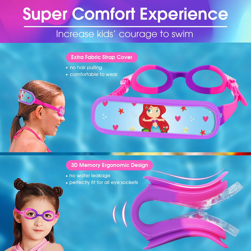 Vvinca Kids Swim Goggles with Fabric Strap No Tangle Pain-Free, Anti-Fog Swimming Pool Goggle No Leak for Toddlers Girls Boys C-1 Pack Bright Pink Purple - BeesActive Australia