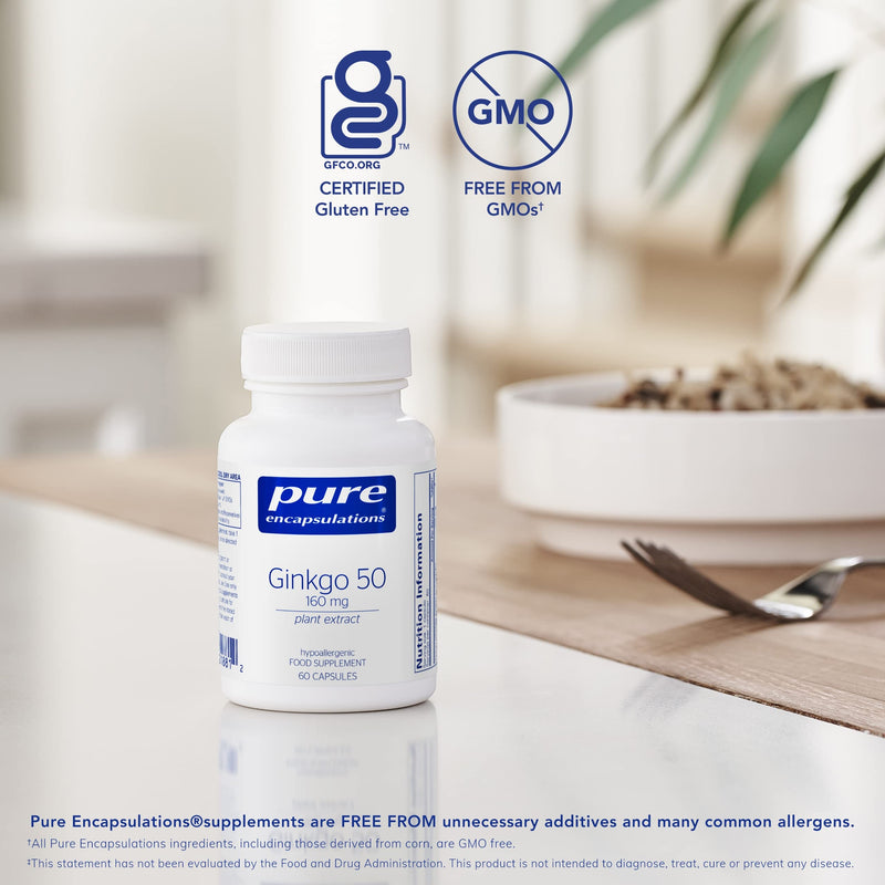 Pure Encapsulations - Ginkgo 50 160mg - Hypoallergenic Ginkgo Biloba Extract Phytonutrient Supplement - 60 Capsules - BeesActive Australia