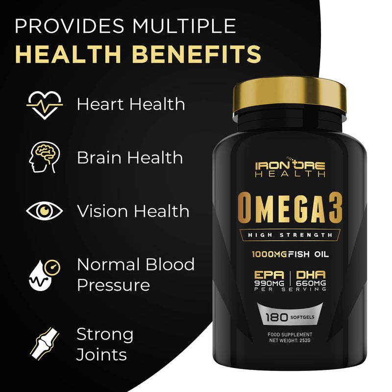 Omega 3 Fish Oil - 180 High Strength Capsules - 990mg EPA & 660mg DHA per Daily Serving - 2 Months Supply - Made in UK - BeesActive Australia