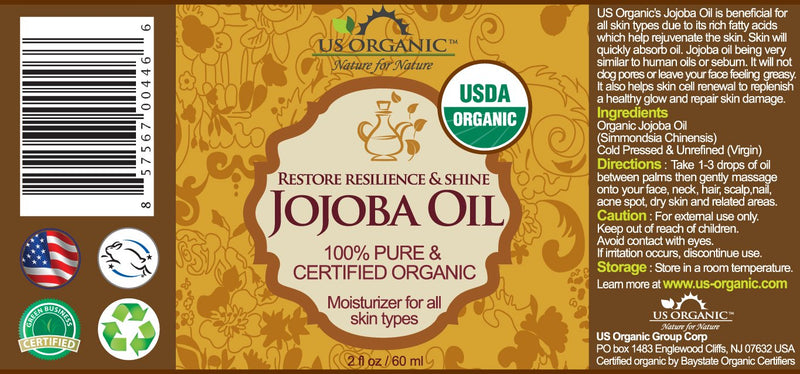 US Organic Jojoba Oil, USDA Certified Organic,100% Pure & Natural, Cold Pressed Virgin, Unrefined, Haxane Free (Small (2oz, 56ml)) 2 Fl Oz (Pack of 1) - BeesActive Australia