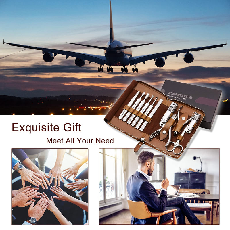 Manicure Set, FAMILIFE Professional Manicure Kit Nail Clippers Set 11 in 1 Stainless Steel Pedicure Tools Kit Nail Kit Men Grooming Kit with Portable Brown Leather Travel Case Luxury Gifts for Him - BeesActive Australia