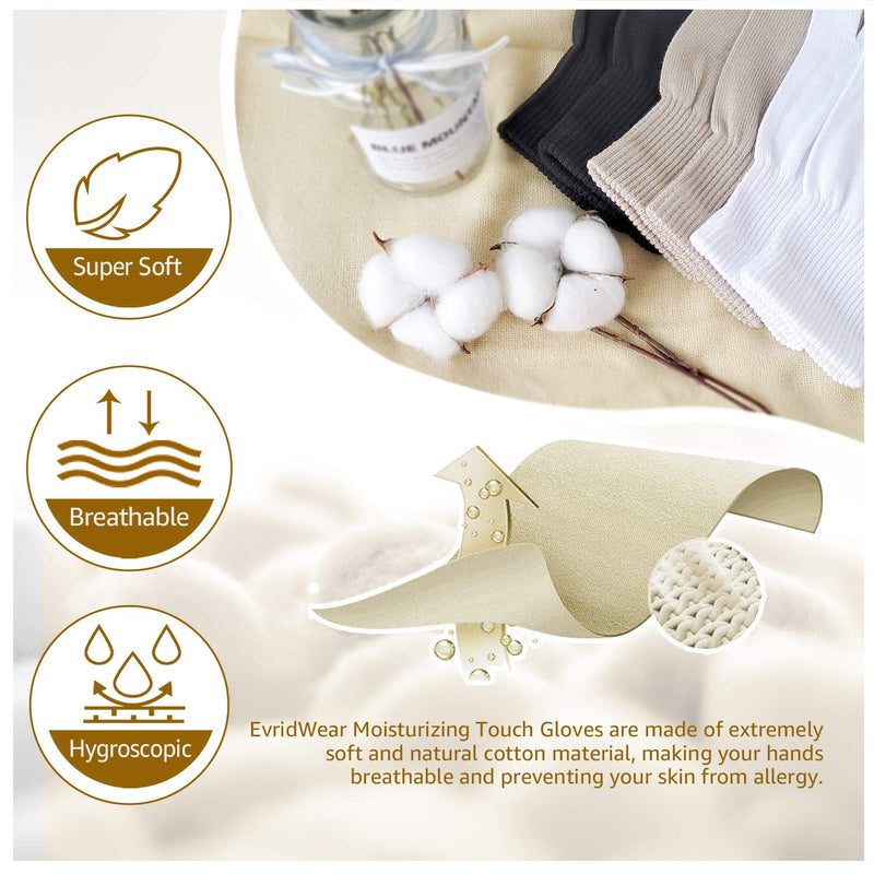 EvridWear Unisex Moisturizing Cotton Gloves with Touchscreen Fingertips for Eczema Beauty Cosmetic Dry Hands Sensitive Irritated Skin Therapy Overnight Bedtime, 6 Pairs, Lightweight-White, L/XL - BeesActive Australia