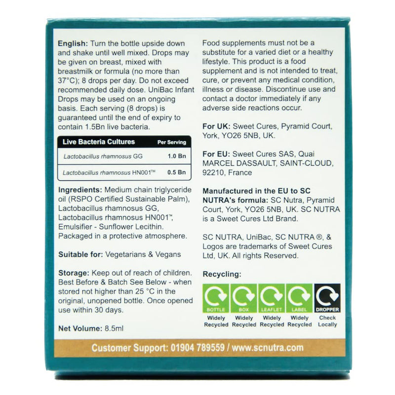 Unified Bacteria: UniBac Newborn / Baby / Infant Probiotics 0-3 years | Lactobacillus rhamnosus GG & HN001� | 1.5Bn CFU Probiotic Drops - 28 Servings - BeesActive Australia