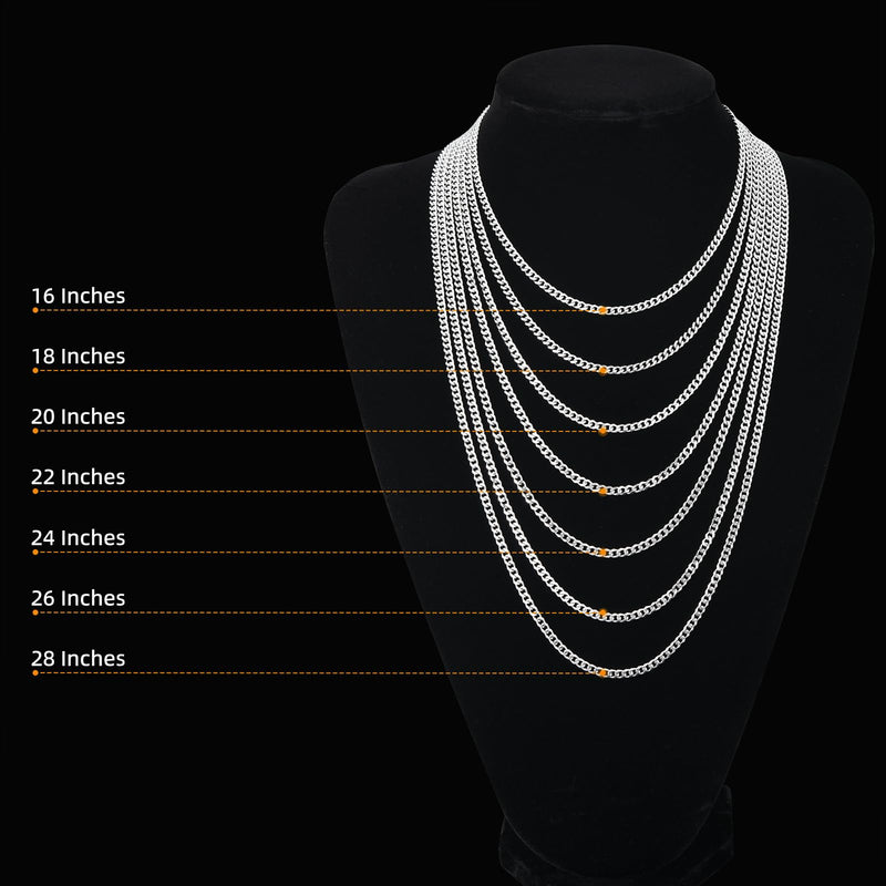 Mens Silver Chain, 3.5mm Curb Cuban Link Chain, Solid Diamond Cut Stainless Steel Necklace For Women, Italy Jewelry Available In 16-28 Inches 16 Inch(Women’s choker length) - BeesActive Australia