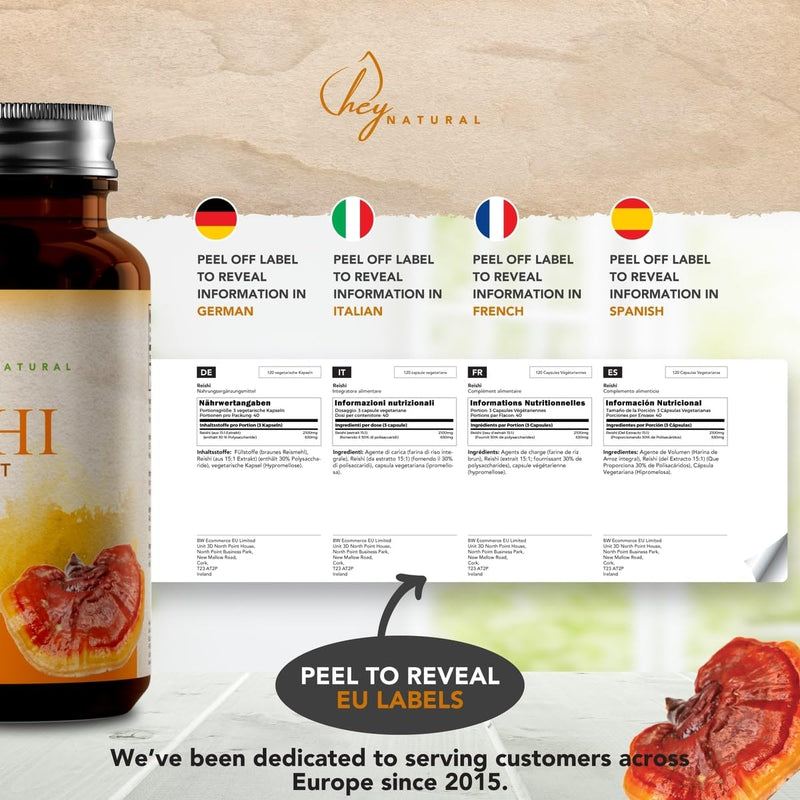 HN Reishi Mushroom Capsules | 120 High Strength Vegan Reishi Mushroom Capsules - 2100mg (15:1 Extract) Mushroom per Serving | Nootropics Mushroom Complex | Non-GMO & Allergen Free | Made in the UK - BeesActive Australia