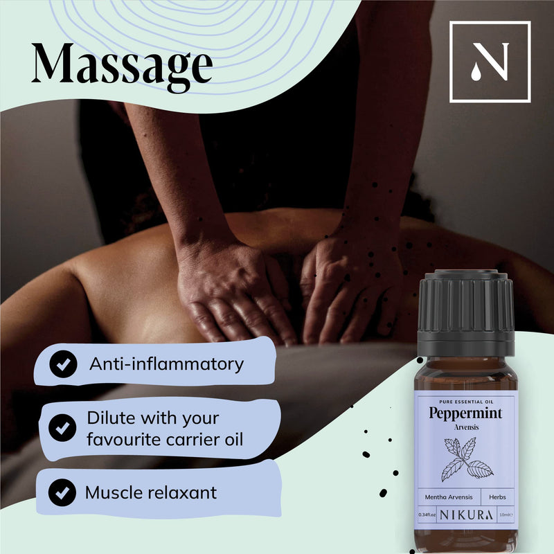 Nikura Peppermint (Arvensis) Essential Oil - 10ml | 100% Pure Natural Oils | Perfect for Hair Care, Spider Repellent, Energy Boost, Candle Making | Great for Skin, Headache Relief | Vegan & UK Made - BeesActive Australia