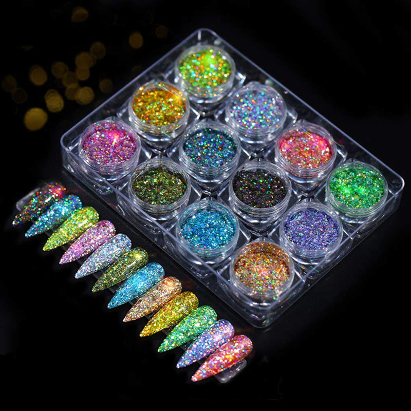 Skyvan Holographic Powder Set- 24 Jars Flashing Crystal Sequins, Glitter Aurora Chameleon Powder Manicure Pigment For Nail Art Glitter - BeesActive Australia
