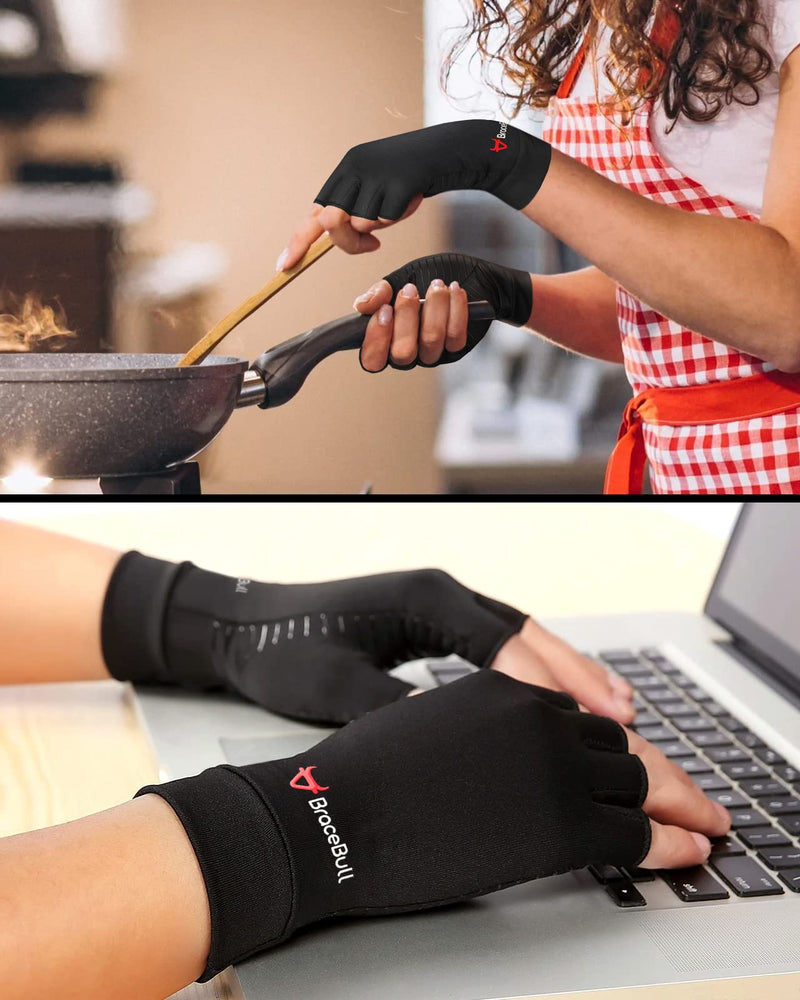 BraceBull Arthritis Gloves (2 Count), Copper Infused Fingerless Compression Gloves for Hand Pain, Carpal Tunnel, RSI, Rheumatoid, Tendonitis, and Relieve Muscle Pain for Women & Men (M, Black) Medium - BeesActive Australia
