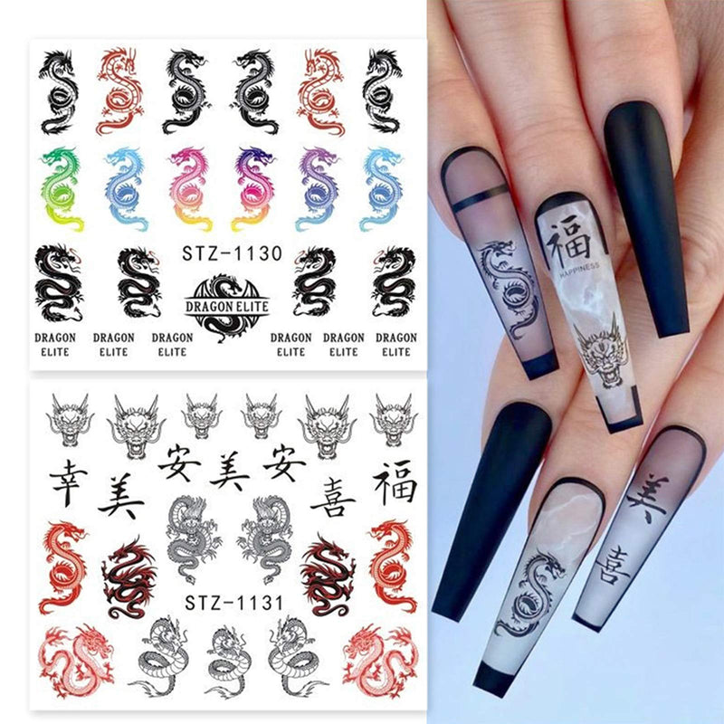 24 Sheet Chinese Style Nail Sticker Cupid Set Chinese Character Flame Tai Chi Dragon Pattern Female Nail Water Transfer DIY Nail Design Manicure Skills and Art Decoration - BeesActive Australia