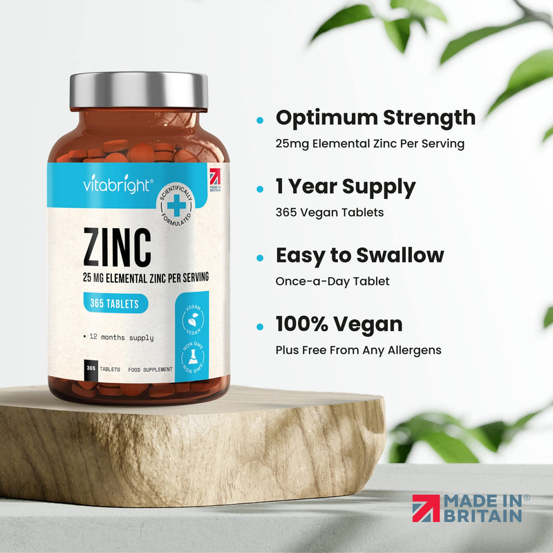 Zinc Tablets High Strength - 25mg Elemental Zinc � 365 Vegan Tablet Pills (1 Year Supply) � Zinc Gluconate - Chelated Zinc Supplements for Immune System, Hair, Skin, Bones, Nails � Made by VitaBright - BeesActive Australia
