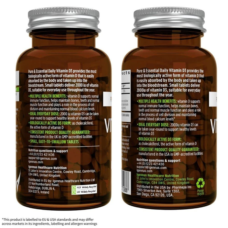 Pure & Essential Daily Vitamin D3 2000iu, 1-Year Supply, Cholecalciferol, Vegetarian, 365 Small Tablets - BeesActive Australia