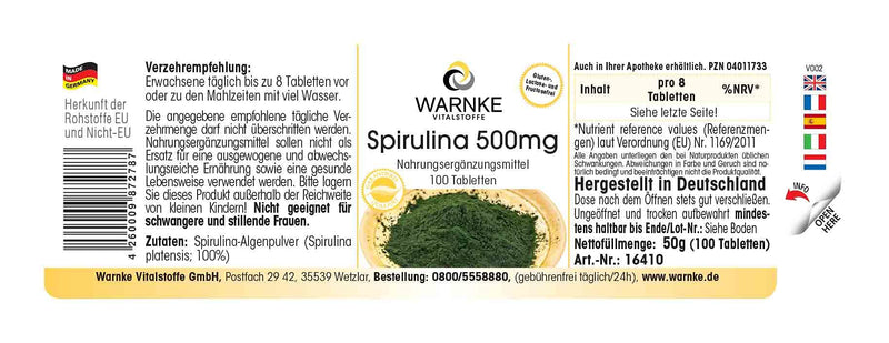 Healthy Products Spirulina, 500�mg, Spirulina Algae Powder, Chlorophyll 100�Tablets, Pure Powder No Additives, Vegi 31�g Pack of 1 | Warnke Vitalstoffe - BeesActive Australia