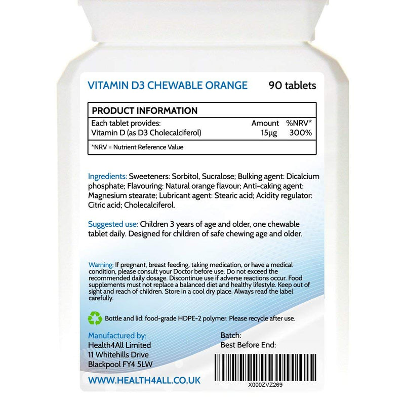 Kids Vitamin D3 600iu Chewable 180 Tablets. Sugar Free. Natural Orange Flavour. Made by Health4All Kids 180 Count (Pack of 1) - BeesActive Australia