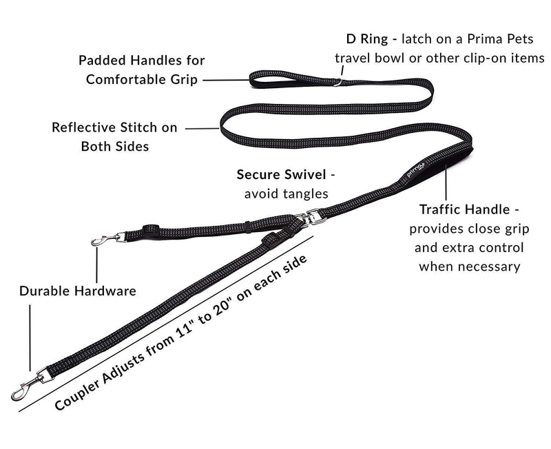 Prima Pets Premium Reflective Double Dog Leash - Adjustable Coupler - 2 Padded Handles- Great for Walking 2 Dogs/Dual Dogs - Tangle Free MEDIUM - 3/4" Width 6 Feet BLACK - BeesActive Australia