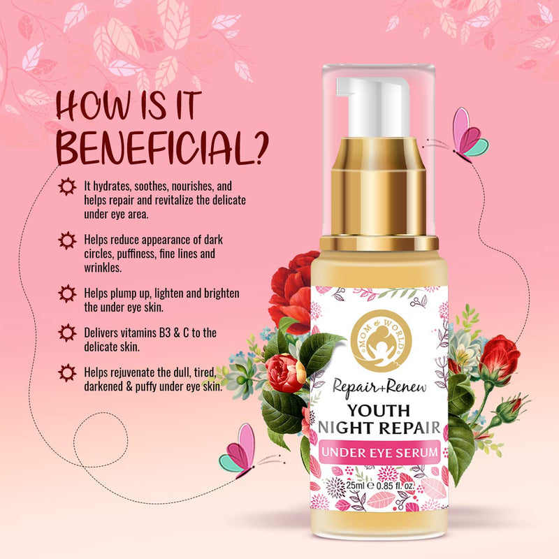 Mom & World Repair + Renew Youth Night Repair Under Eye Serum, 25ml - With Vitamin C, Caffeine, Hyaluronic Acid for Under Eye Skin Repair and Dark Circles - BeesActive Australia