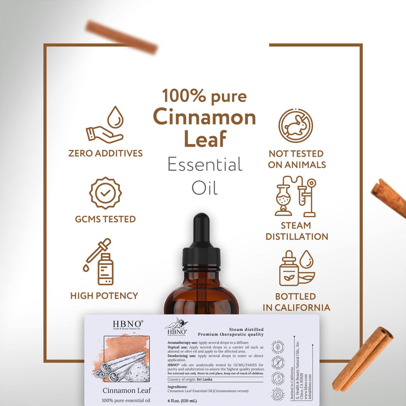 HBNO Cinnamon Leaf Essential Oil - Huge 4 oz (120ml) Value Size - Natural Cinnamon Oil, Steam Distilled - Perfect for Cleaning, Aromatherapy, DIY, Soap & Diffuser - Cinnamon Essential Oils 4 Fl Oz (Pack of 1) - BeesActive Australia
