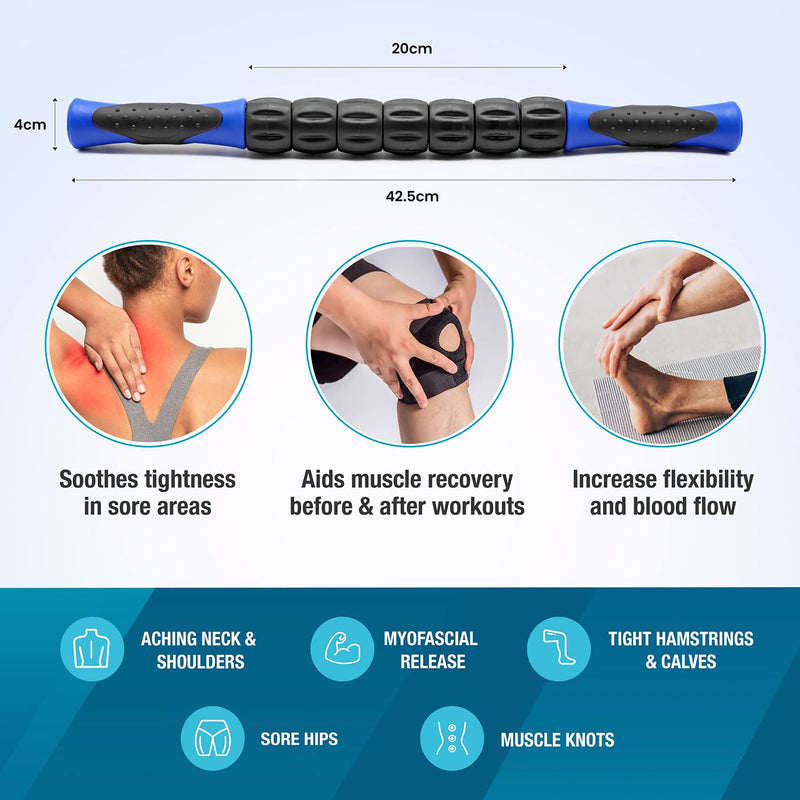 Beenax Muscle Therapy Massage Stick, 360� Tension Reduction - Ridged Gears for Trigger Points, Deep Tissue, Myofascial Release, Leg, Quads & Calf Tightness - Relieve Soreness, Cramps and Pain Blue - BeesActive Australia