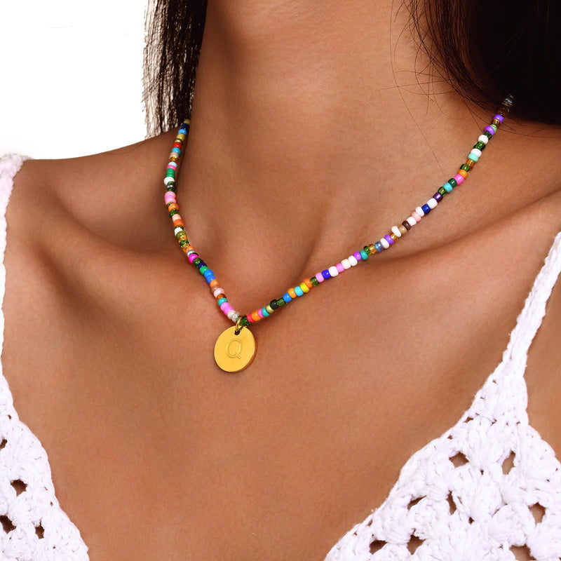 MPRAINBOW Colorful Beaded Initial Necklaces - Handmade Layered Gold Choker Summer Boho Letter Necklace Jewelry for Women Teen Girls Sister Friends,Beach Surfer Necklace Holiday Birthday Gift for Her A - BeesActive Australia