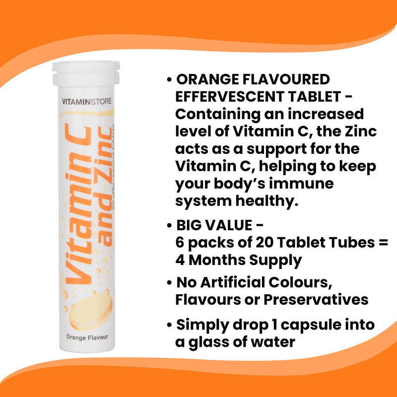 Vitamin Store Vitamin C and Zinc Effervescent Tablets, Orange Flavoured, Suitable for Vegans, 6 Packs of 20 20 Count (Pack of 6) - BeesActive Australia