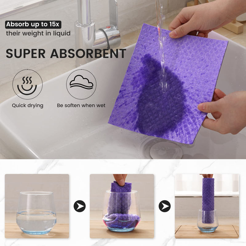 Homaxy Swedish Dishcloths for Kitchen, 10 Pack Reusable and Eco-Friendly Cellulose Sponge Cloths Dish Towels, Absorbent and No Odor Paper Towels for Dishes ＆ Counters, Purple Pack of 10 - BeesActive Australia